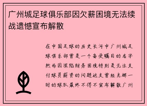 广州城足球俱乐部因欠薪困境无法续战遗憾宣布解散