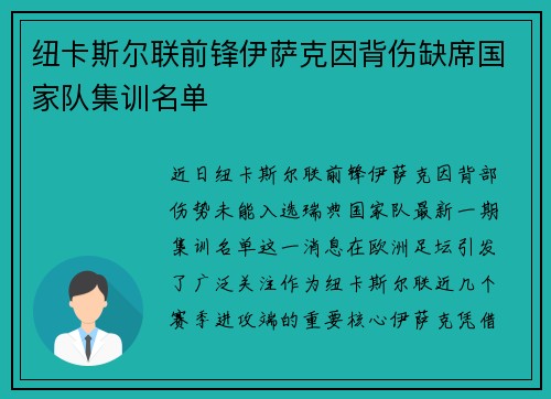 纽卡斯尔联前锋伊萨克因背伤缺席国家队集训名单